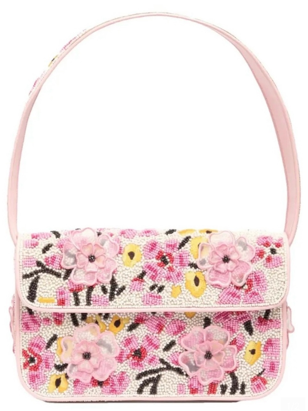 STAUD Pink Floral Beaded Shoulder Bag with Yellow Accents